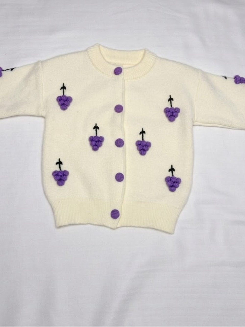Cream Girls' Knit Cardigan with Purple Grape Embroidery Pom Pom Sweater